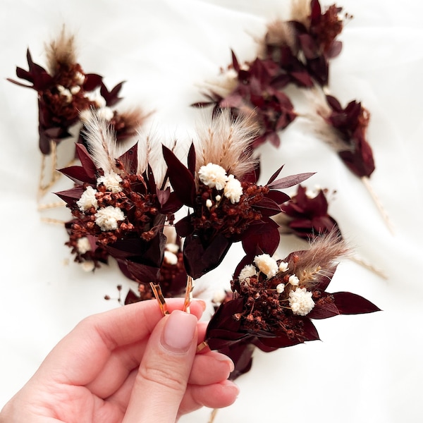 Burgundy bobby pins, Fall flower hair pins, Floral hair pin,Rustic wedding clip, Woodland wedding, Bridesmaid flower headpiece