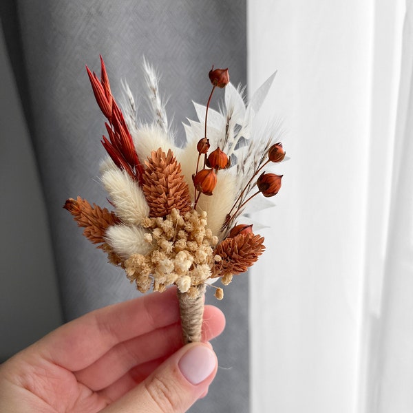 Boho Rust Terracotta  boutonniere,Burnt Orange Boutonnieres, Fall Autumn wedding mini bouquet, Dried flower grooms boutonniere