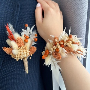 Boho Terracotta flower wedding corsage, Flower wrist corsage, Boutonniere and corsage set, Orange bridal corsage, Rust bridesmaid corsage image 3