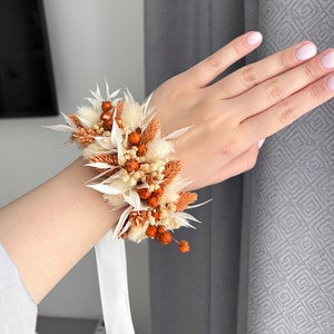 Boho Terracotta flower wedding corsage, Flower wrist corsage, Boutonniere and corsage set, Orange bridal corsage, Rust bridesmaid corsage image 1