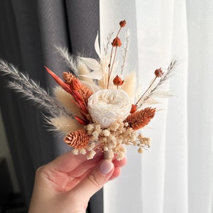 Boho Rust Terracotta rose boutonniere,Burnt Orange Boutonnieres, Fall Autumn wedding mini bouquet, Dried flower grooms boutonniere