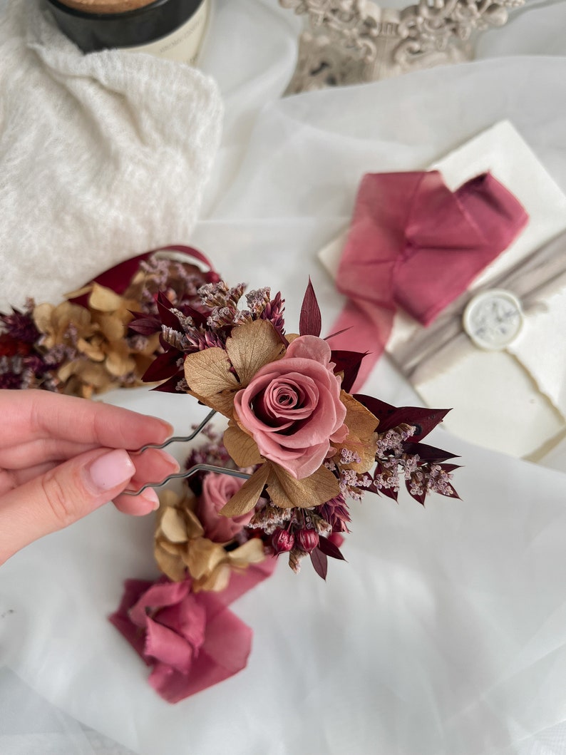 Fall dried flower hair pins, Rose burgundy hair pin, Rustic wedding clip, Burgundy hair pins, Woodland wedding, Bridesmaid flower headpiece image 7