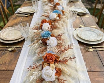 Wedding Terracotta Floral Table Decor, Dusty blue terracotta Boho Garland, Rustic wedding Dried Flowers Garland, Table Runner for Wedding