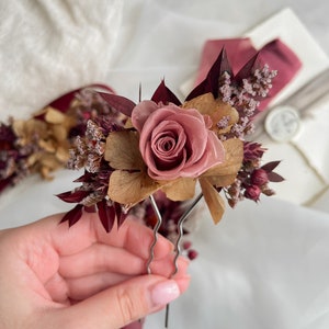 Fall dried flower hair pins, Rose burgundy hair pin, Rustic wedding clip, Burgundy hair pins, Woodland wedding, Bridesmaid flower headpiece image 3