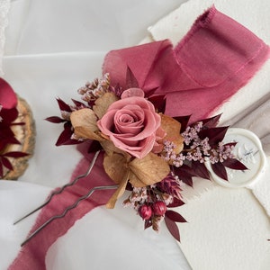 Fall dried flower hair pins, Rose burgundy hair pin, Rustic wedding clip, Burgundy hair pins, Woodland wedding, Bridesmaid flower headpiece image 5