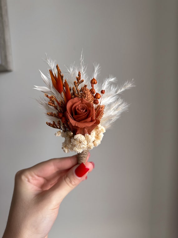Boho Rust Terracotta rose boutonniere,Burnt Orange Boutonnieres, Fall Terracotta wedding mini bouquet, Dried flower grooms boutonniere