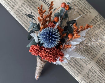 Boho Rust Terracotta blue thistles  boutonniere, Greenery Boutonnieres, Fall Autumn wedding mini bouquet, Dusty blue grooms boutonniere