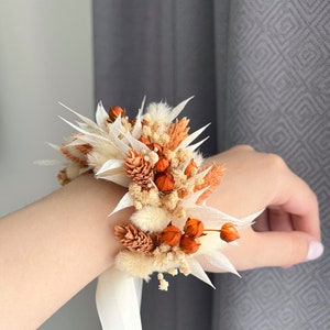 Boho Terracotta flower wedding corsage, Flower wrist corsage, Boutonniere and corsage set, Orange bridal corsage, Rust bridesmaid corsage image 2