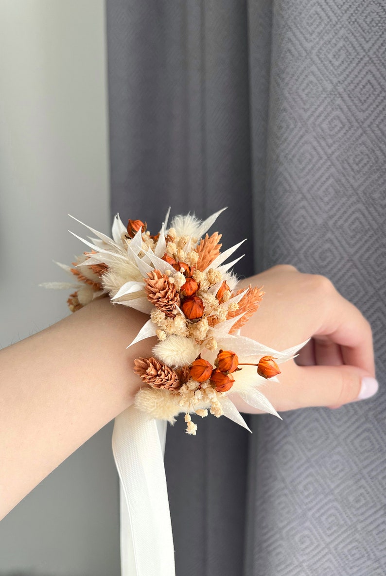 Boho Terracotta flower wedding corsage, Flower wrist corsage, Boutonniere and corsage set, Orange bridal corsage, Rust bridesmaid corsage image 2