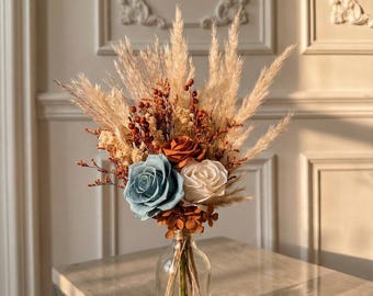 Boho  Rustic Blue Terracotta Bouquet, Blue Bridesmaid bouquet, Fall Terracotta Wedding Bouquet, Blue table centerpiece, Wedding centerpiece
