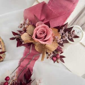 Fall dried flower hair pins, Rose burgundy hair pin, Rustic wedding clip, Burgundy hair pins, Woodland wedding, Bridesmaid flower headpiece image 6