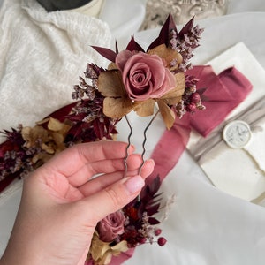 Fall dried flower hair pins, Rose burgundy hair pin, Rustic wedding clip, Burgundy hair pins, Woodland wedding, Bridesmaid flower headpiece image 8