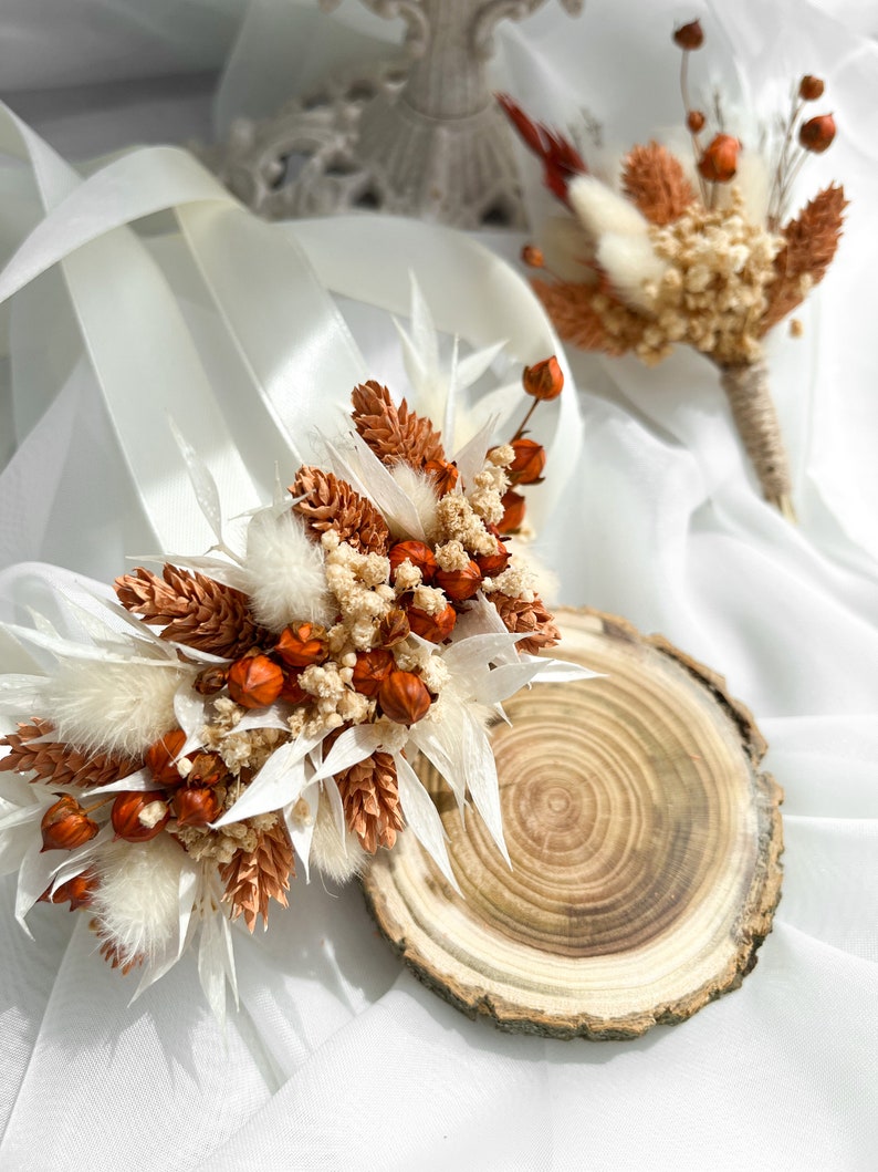 Boho Terracotta flower wedding corsage, Flower wrist corsage, Boutonniere and corsage set, Orange bridal corsage, Rust bridesmaid corsage image 6