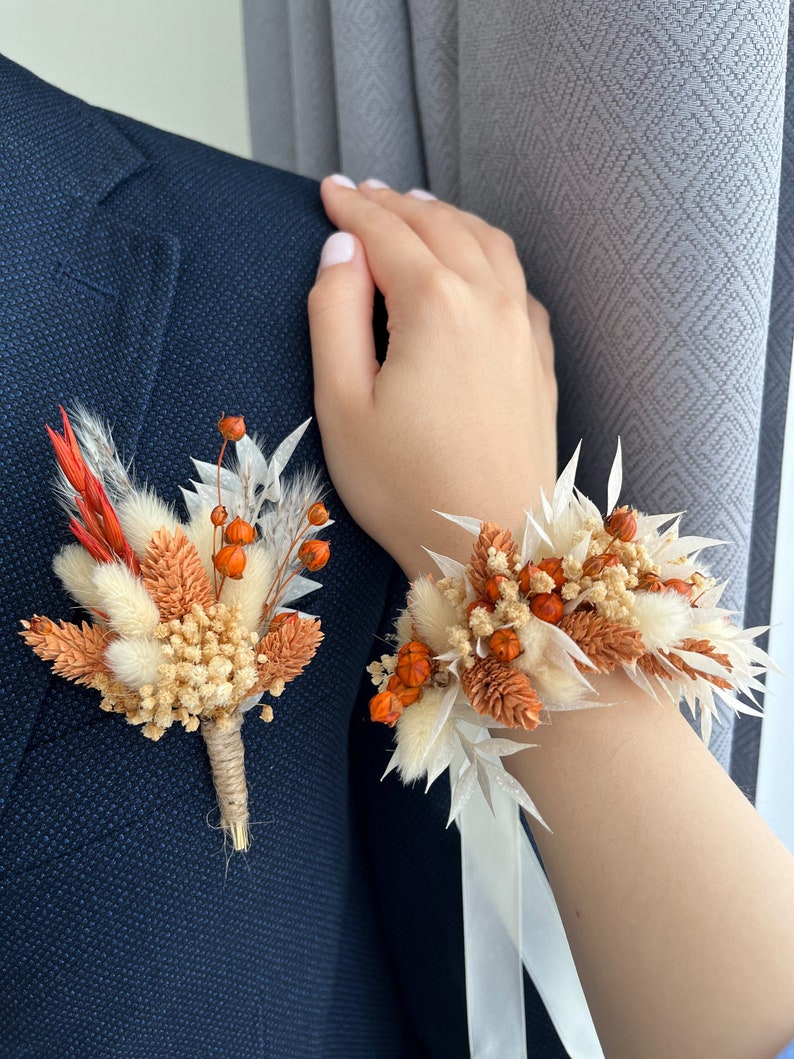 Boho Terracotta flower wedding corsage, Flower wrist corsage, Boutonniere and corsage set, Orange bridal corsage, Rust bridesmaid corsage image 3