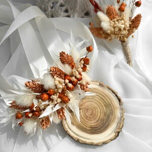 Boho Terracotta flower wedding corsage, Flower wrist corsage, Boutonniere and corsage set, Orange bridal corsage, Rust bridesmaid corsage image 5