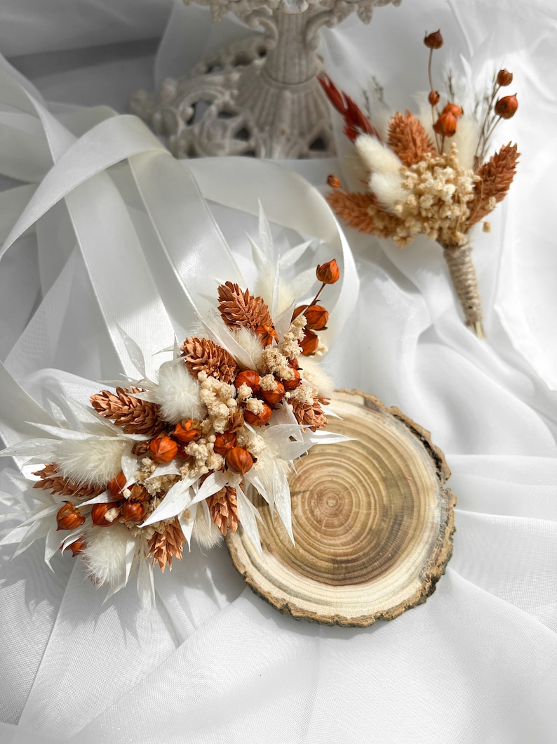 Boho Terracotta flower wedding corsage, Flower wrist corsage, Boutonniere and corsage set, Orange bridal corsage, Rust bridesmaid corsage image 5