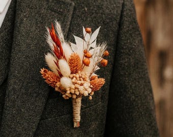 Boho Dried flower boutonniere, Rustic wedding Boutonnieres, Fall terracotta wedding boutonniere, Dried flower grooms boutonniere