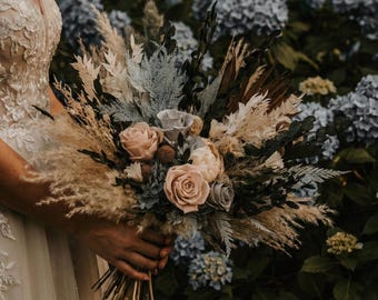 Boho Rust Blue Wedding Bouquet, Rustic bridal bouquet, Boho Blue Brown Bridal Bouquet, Fall wedding bridal bouquet, Dried flower bouquet