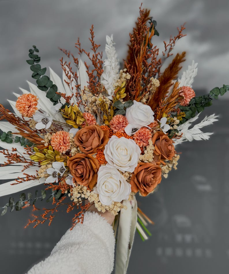 Rust Colored Roses Florist Boho Rust Terracotta Wedding Bouquet, Green Terracotta Bridesmaid ...