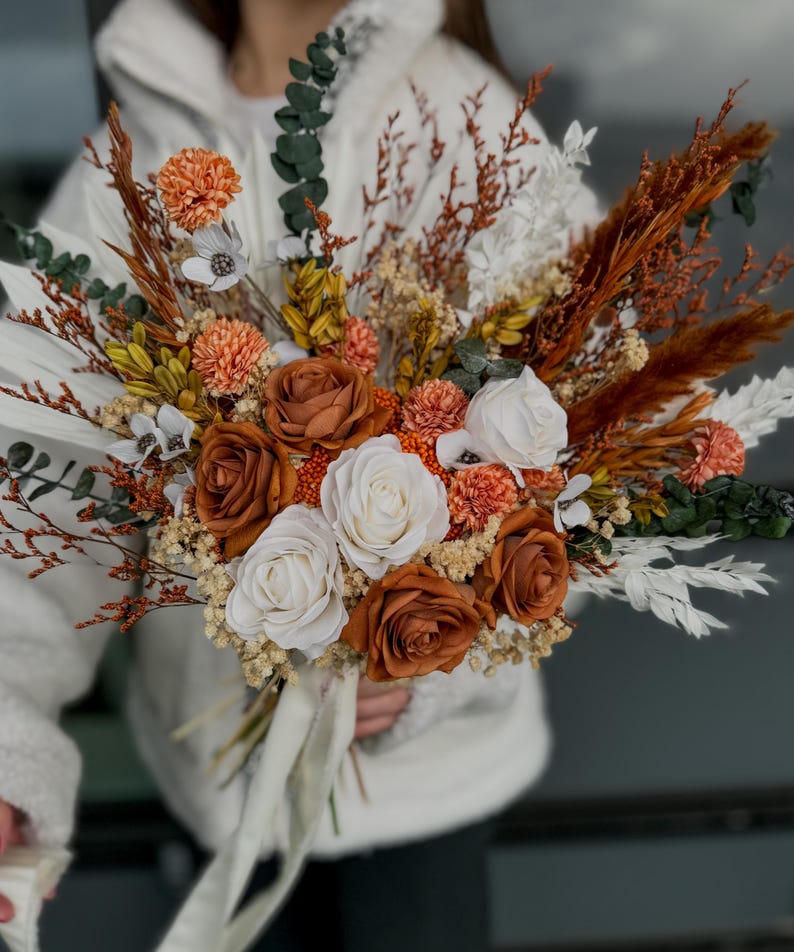 Rust Colored Roses Florist Boho Rust Terracotta Wedding Bouquet, Green Terracotta Bridesmaid ...