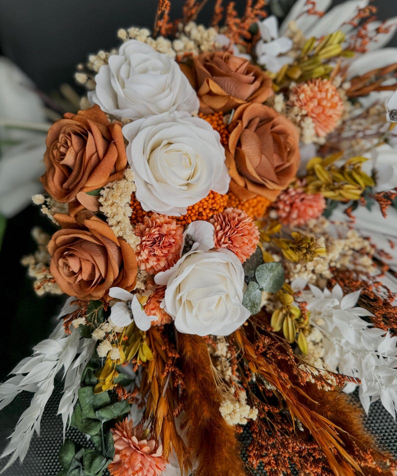 Rust Colored Roses Florist Boho Rust Terracotta Wedding Bouquet, Green Terracotta Bridesmaid ...