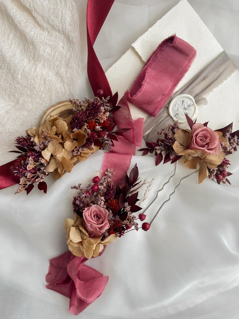 Fall dried flower hair pins, Rose burgundy hair pin, Rustic wedding clip, Burgundy hair pins, Woodland wedding, Bridesmaid flower headpiece image 9