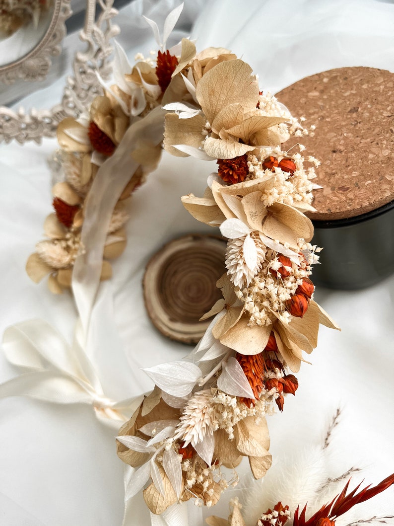 Bridal terracotta flower crown Boho terracotta hair wreath Rustic Beige Dried flower Wedding crown for bride Burnt orange head wreath image 8