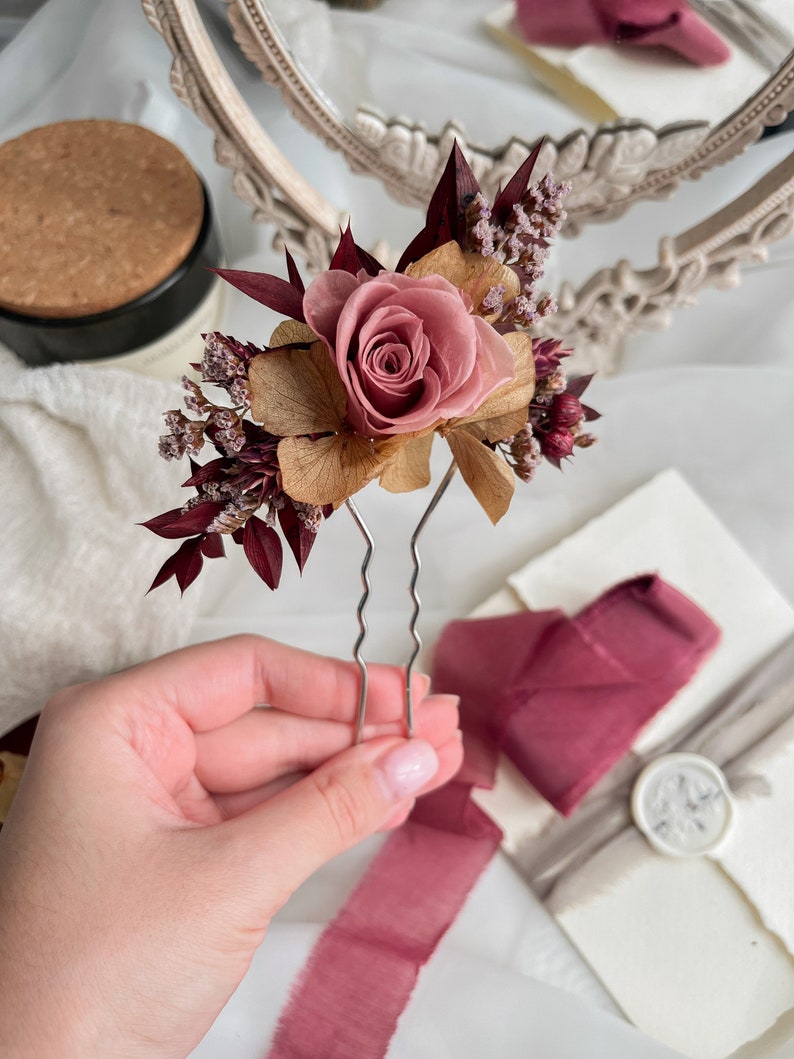 Fall dried flower hair pins, Rose burgundy hair pin, Rustic wedding clip, Burgundy hair pins, Woodland wedding, Bridesmaid flower headpiece image 2