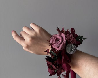 Boho Burgundy flower wedding corsage, Marsala Flower wrist corsage, Boutonniere and corsage set, Rust bridesmaid corsage