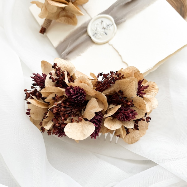 Fall flower bridal hair comb, Wedding burgundy hair comb, Boho Burgundy flower comb, Burgundy hair pins, Rust orange flower headpiece