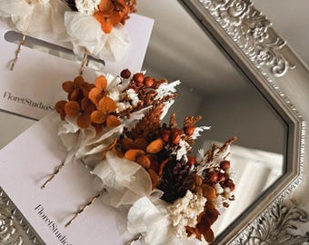 Set of Terracotta hair pins, Fall flower hair pins, Dried Flower hair pin,Rustic burgundy hairpins, Fall wedding hairpins, Bridesmaid gifts
