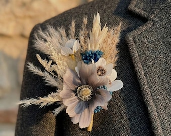 Boho Rust Blue boutonniere, Grey Wedding Boutonnieres, Dusty blue boutonniere wedding, Dried flower grooms boutonniere,
