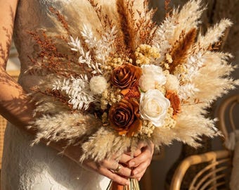 Boho Rust Terracotta Wedding Bouquet, Pampas Terracotta Bridesmaid bouquet, Dried flower Wedding Bouquet, Fall wedding bridal bouquet