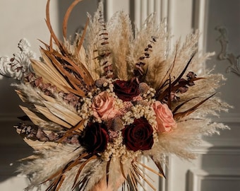 Boho Rustic Burgundy Wedding Bouquet, Burgundy Bridesmaid bouquet, Dried flower  Bridal Bouquet, Fall wedding bouquet, Burgundy bouquet