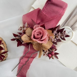 Fall dried flower hair pins, Rose burgundy hair pin, Rustic wedding clip, Burgundy hair pins, Woodland wedding, Bridesmaid flower headpiece image 1