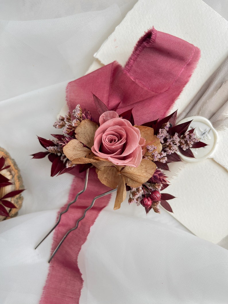 Fall dried flower hair pins, Rose burgundy hair pin, Rustic wedding clip, Burgundy hair pins, Woodland wedding, Bridesmaid flower headpiece image 1