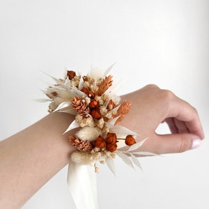 Boho Terracotta flower wedding corsage, Flower wrist corsage, Boutonniere and corsage set, Orange bridal corsage, Rust bridesmaid corsage image 4