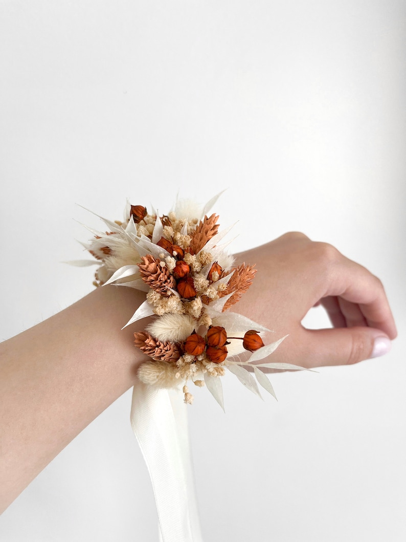 Boho Terracotta flower wedding corsage, Flower wrist corsage, Boutonniere and corsage set, Orange bridal corsage, Rust bridesmaid corsage image 4