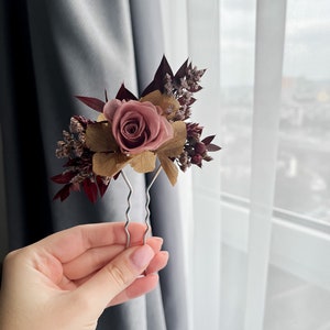 Fall dried flower hair pins, Rose burgundy hair pin, Rustic wedding clip, Burgundy hair pins, Woodland wedding, Bridesmaid flower headpiece image 4