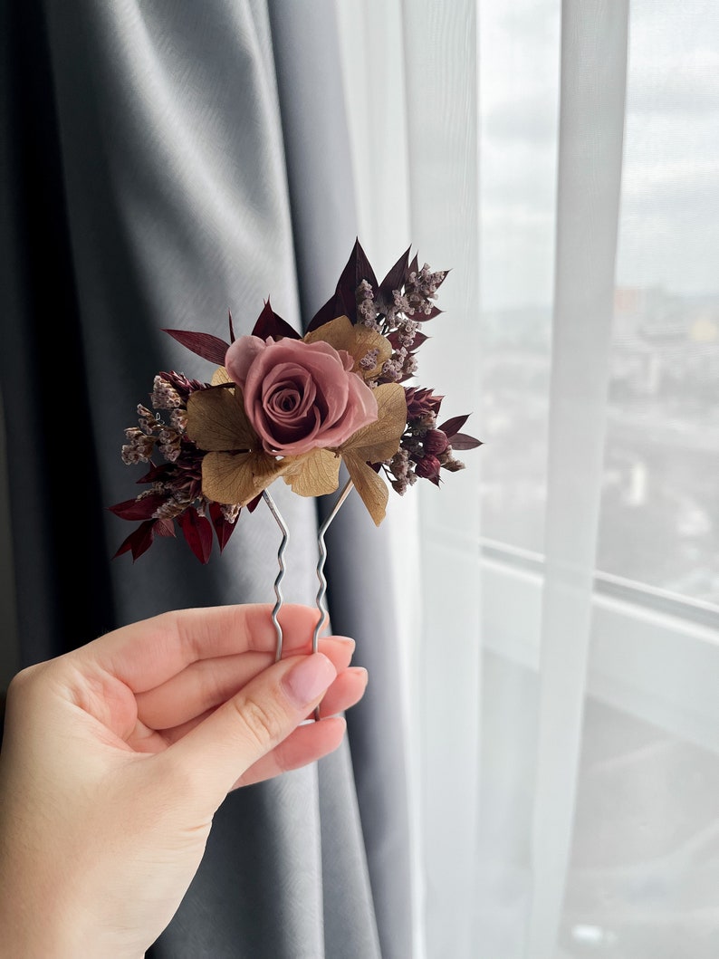 Fall dried flower hair pins, Rose burgundy hair pin, Rustic wedding clip, Burgundy hair pins, Woodland wedding, Bridesmaid flower headpiece image 4