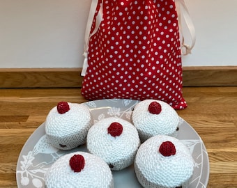 Nursery rhyme 5 Currant buns in a bakers shop - knitted buns with draw string bag to keep them all together, song circle time Eyfs resources