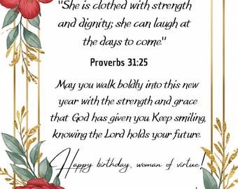 Christian Birthday Blessing Card for Her | Birthday card for christian women | birthday wishes – Proverbs 31:25 Scripture Printable
