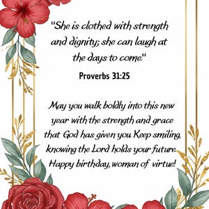 Cartão de aniversário cristão para ela | Cartão de aniversário para mulheres cristãs | Desejos de aniversário – Provérbios 31:25 para imprimir