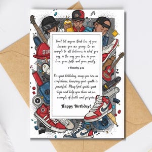 Puede incluir: Tarjeta de felicitación de cumpleaños con una colorida ilustración de zapatillas deportivas, guitarras y una gorra de béisbol. La tarjeta incluye un texto inspirador de 1 Timoteo 4:12 y las palabras "¡Feliz Cumpleaños!" sobre fondo blanco.