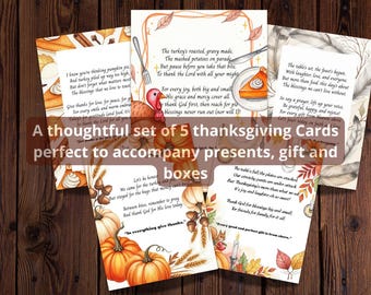 May include: A set of five Thanksgiving cards with autumn-themed illustrations and handwritten text. The cards feature pumpkins, turkey, pie, and fall foliage. The text includes Thanksgiving blessings and sentiments.