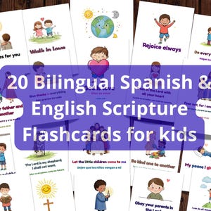 Könnte beinhalten: Eine Sammlung von 20 zweisprachigen spanischen und englischen Bibel-Lernkarten für Kinder. Jede Karte zeigt farbenfrohe Illustrationen und inspirierende Botschaften. Die Karten sollen Kindern Glauben und Werte vermitteln.