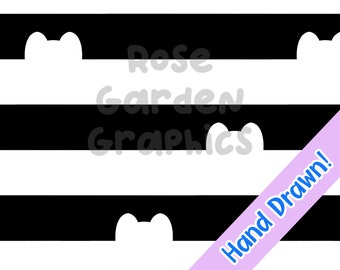 May include: Black and white striped background with white cat head silhouettes. The text "Rose Garden Graphics" is in the center of the image. The text "Hand Drawn!" is in the lower right corner of the image.