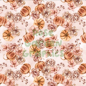 May include: A seamless pattern featuring watercolor illustrations of pumpkins and flowers in shades of brown, pink, and white on a light pink background.