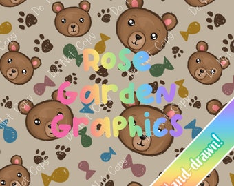 Boho Bear Seamless Image Pattern Paper, Digital Papers, Custom Fabric Printing File, Clipart Design, handdrawn boy outdoorsy bears teddy