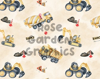 Watercolor Construction Trucks Seamless Image Pattern Paper, Digital Papers, Custom Fabric Printing File, Clipart Design, cartoon, painting